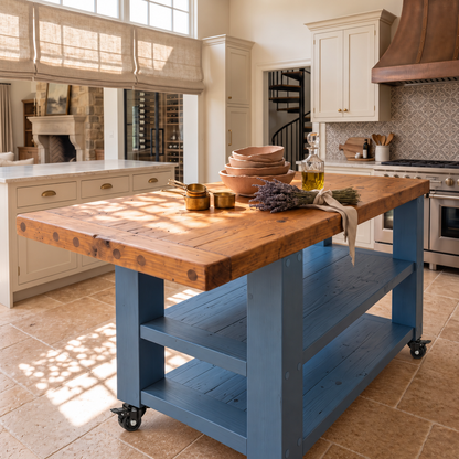DUNSMERE Cart Blue Kitchen Island With Overhang / Breakfast Bar / Rustic Island