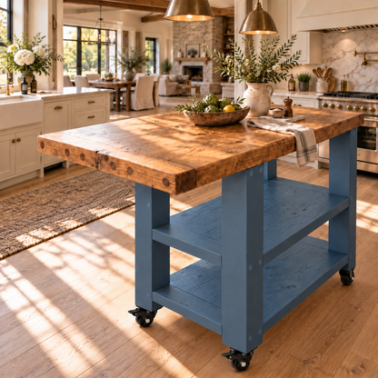 DUNSMERE Cart Blue Kitchen Island With Overhang / Breakfast Bar / Rustic Island