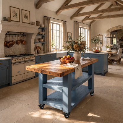 DUNSMERE Cart Blue Kitchen Island With Overhang / Breakfast Bar / Rustic Island