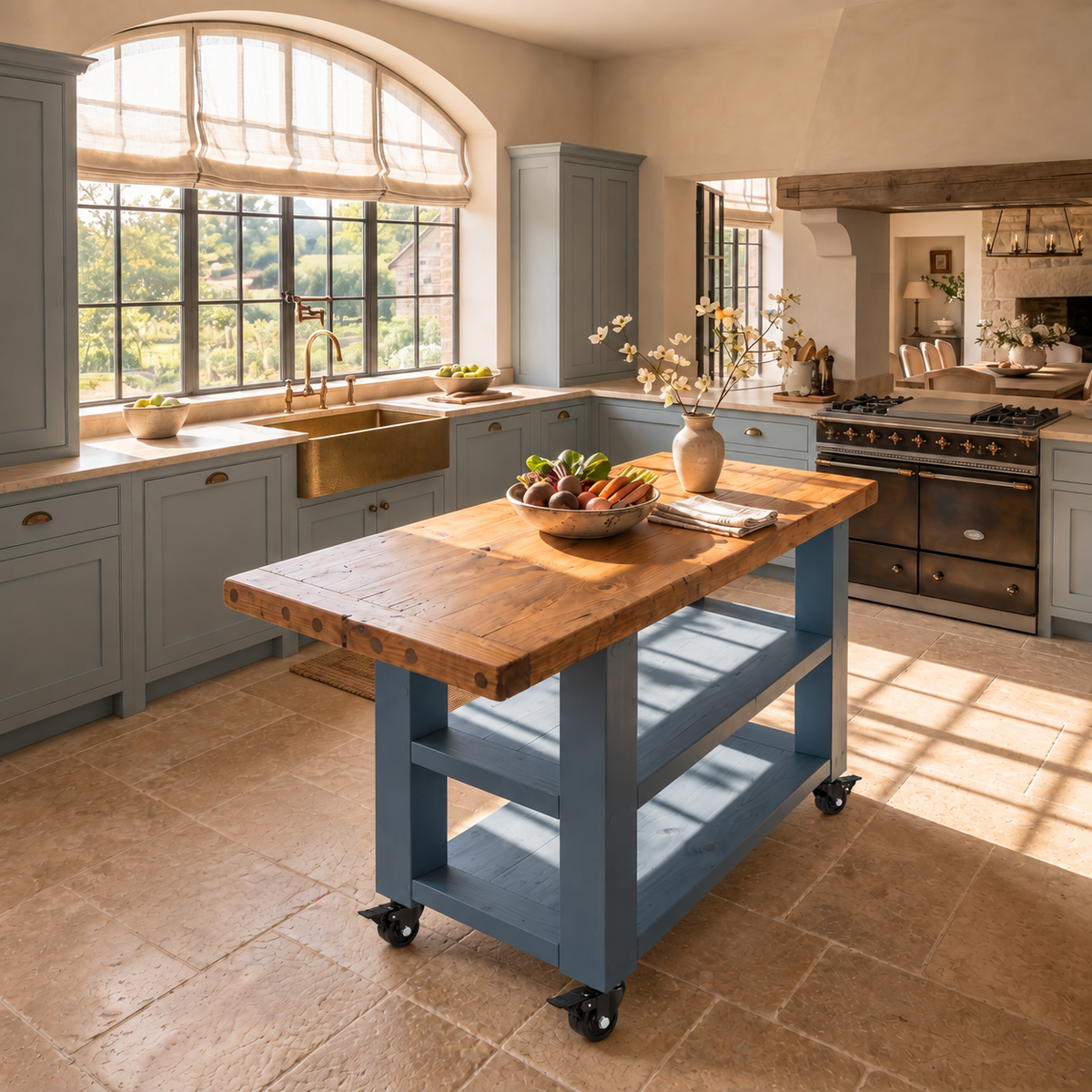 DUNSMERE Cart Blue Kitchen Island With Overhang / Breakfast Bar / Rustic Island