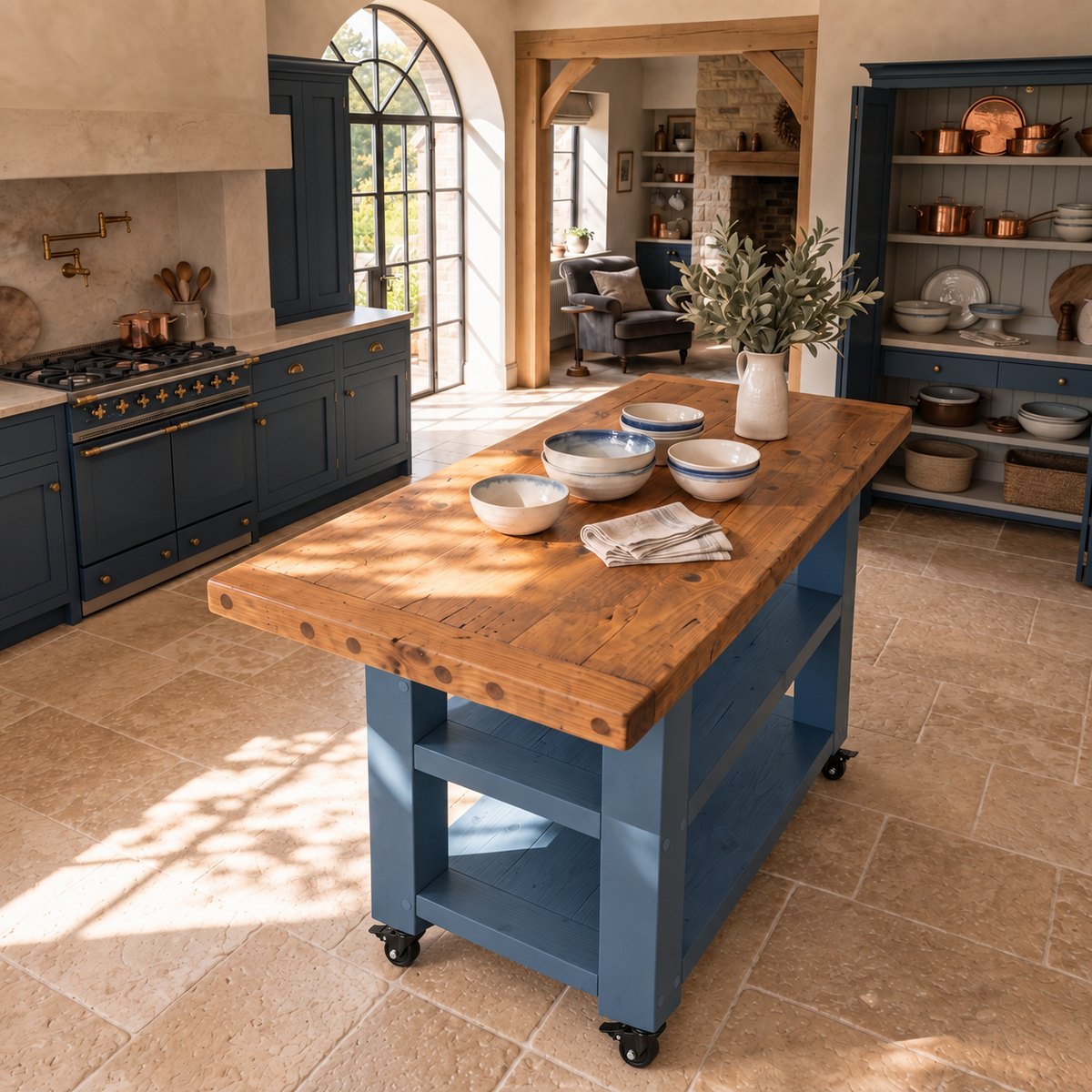 DUNSMERE Cart Blue Kitchen Island With Overhang / Breakfast Bar / Rustic Island