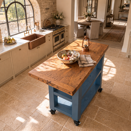 DUNSMERE Cart Blue Kitchen Island With Overhang / Breakfast Bar / Rustic Island