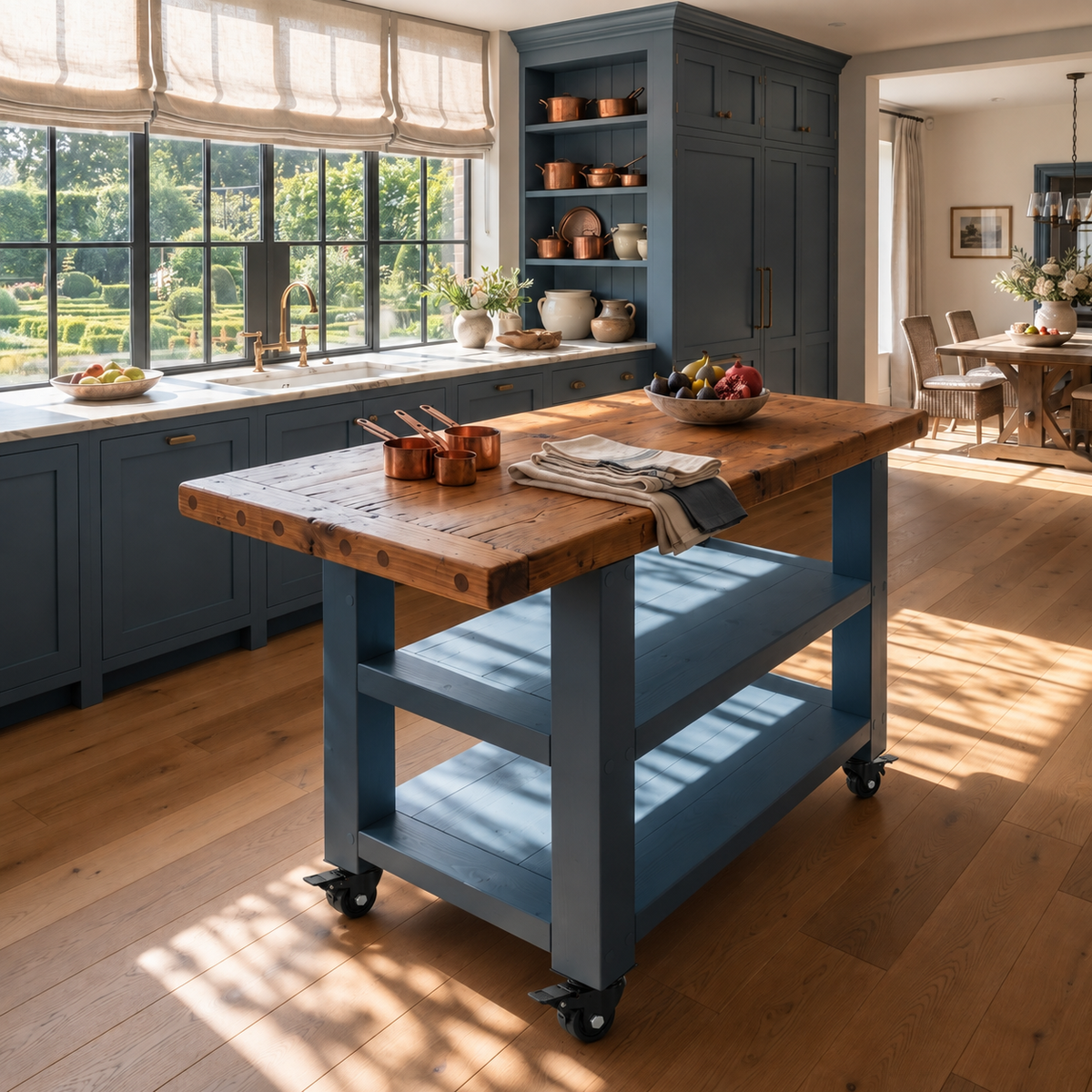 DUNSMERE Cart Blue Kitchen Island With Overhang / Breakfast Bar / Rustic Island