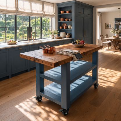 DUNSMERE Cart Blue Kitchen Island With Overhang / Breakfast Bar / Rustic Island