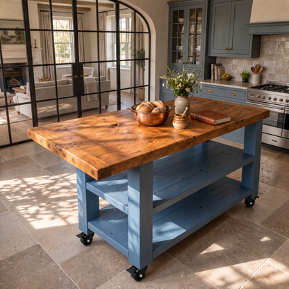DUNSMERE Cart Blue Kitchen Island With Overhang / Breakfast Bar / Rustic Island