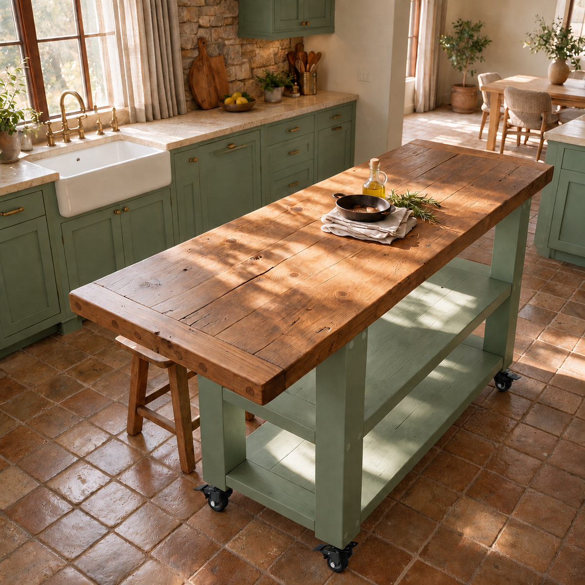 DUNSMERE Cart Light Green Kitchen Island With Overhang / Breakfast Bar / Rustic Island