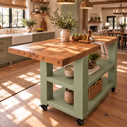 DUNSMERE Cart Light Green Kitchen Island With Overhang / Breakfast Bar / Rustic Island
