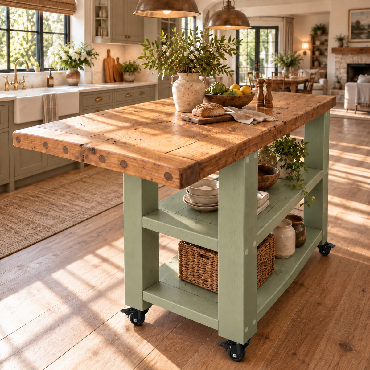 DUNSMERE Cart Light Green Kitchen Island With Overhang / Breakfast Bar / Rustic Island