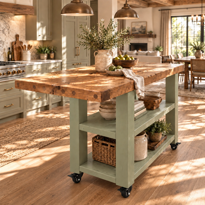 DUNSMERE Cart Light Green Kitchen Island With Overhang / Breakfast Bar / Rustic Island