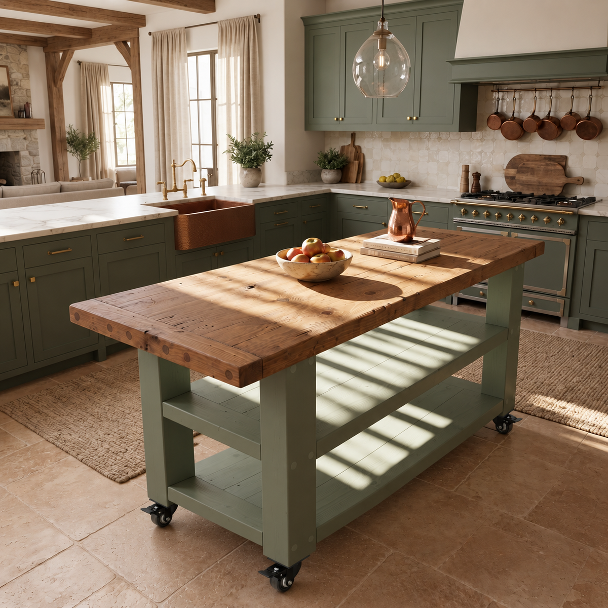 DUNSMERE Cart Light Green Kitchen Island With Overhang / Breakfast Bar / Rustic Island