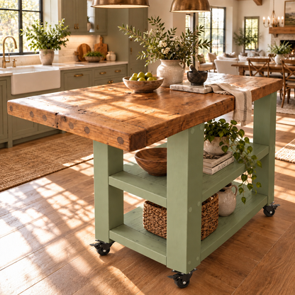 DUNSMERE Cart Light Green Kitchen Island With Overhang / Breakfast Bar / Rustic Island