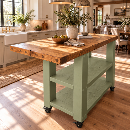 DUNSMERE Cart Light Green Kitchen Island With Overhang / Breakfast Bar / Rustic Island