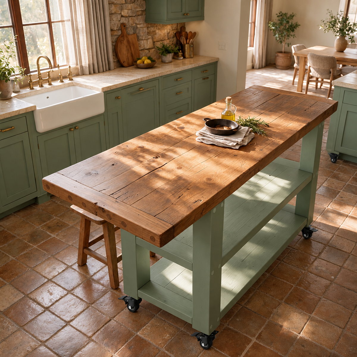 DUNSMERE Cart Light Green Kitchen Island With Overhang / Breakfast Bar / Rustic Island
