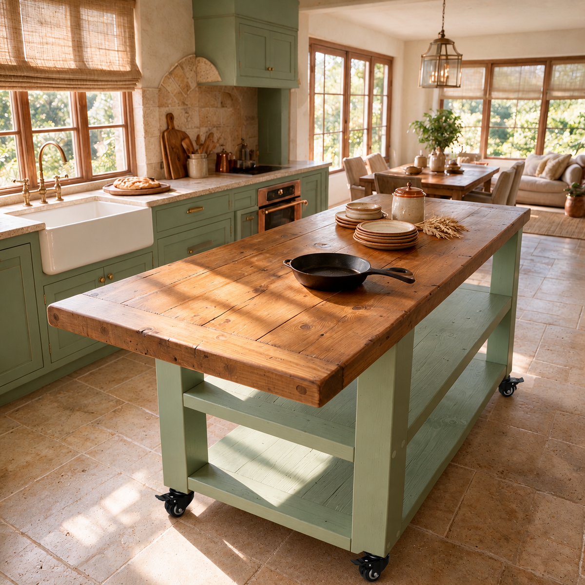 DUNSMERE Cart Light Green Kitchen Island With Overhang / Breakfast Bar / Rustic Island
