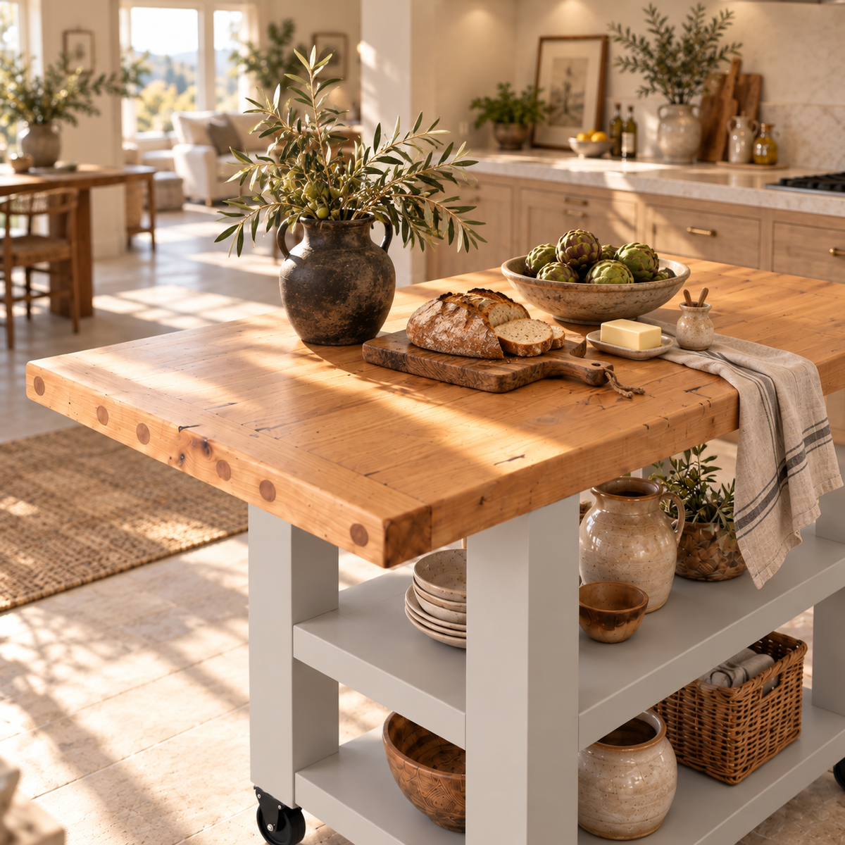 DUNSMERE Cart Light Grey Kitchen Island With Overhang / Breakfast Bar / Rustic Island