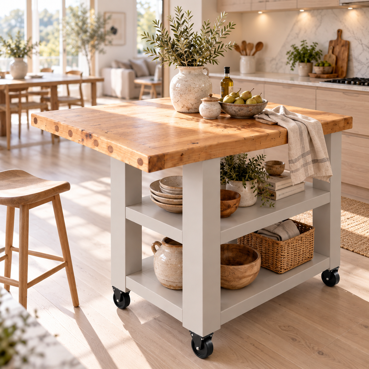 DUNSMERE Cart Light Grey Kitchen Island With Overhang / Breakfast Bar / Rustic Island