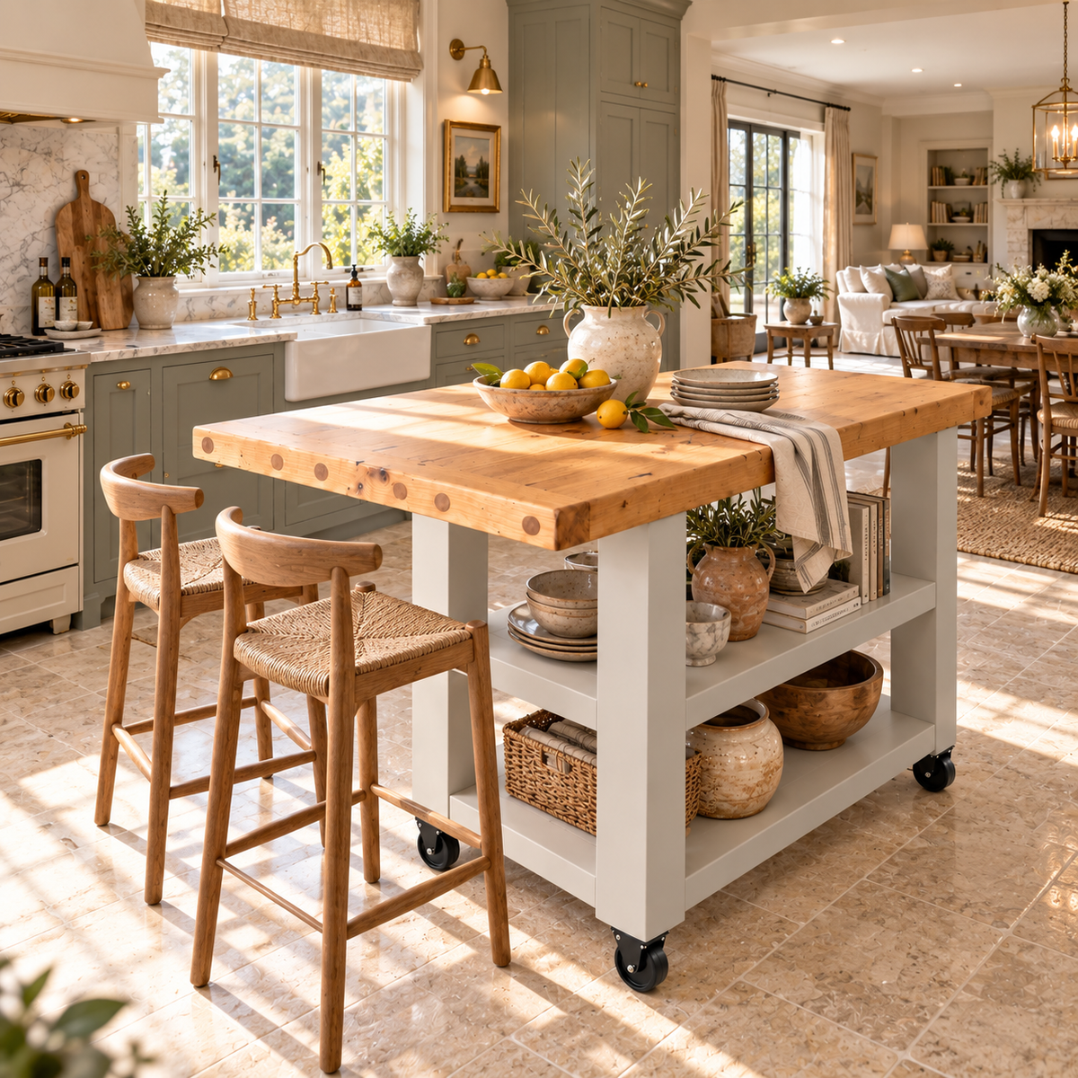 DUNSMERE Cart Light Grey Kitchen Island With Overhang / Breakfast Bar / Rustic Island