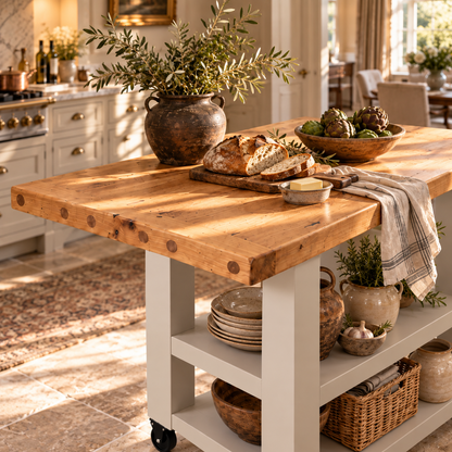 DUNSMERE Cart Light Grey Kitchen Island With Overhang / Breakfast Bar / Rustic Island