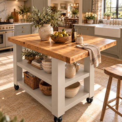 DUNSMERE Cart Light Grey Kitchen Island With Overhang / Breakfast Bar / Rustic Island