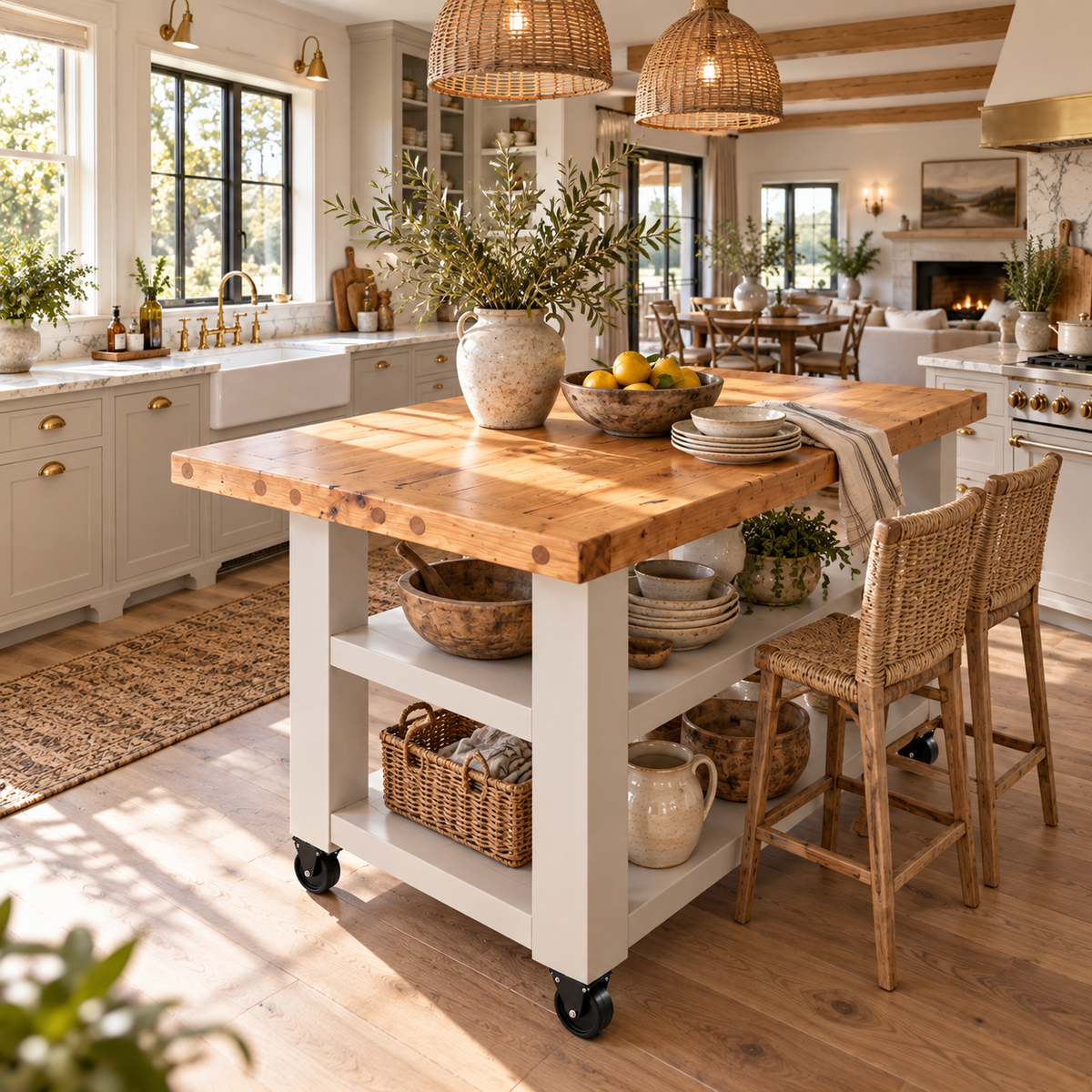 DUNSMERE Cart Light Grey Kitchen Island With Overhang / Breakfast Bar / Rustic Island