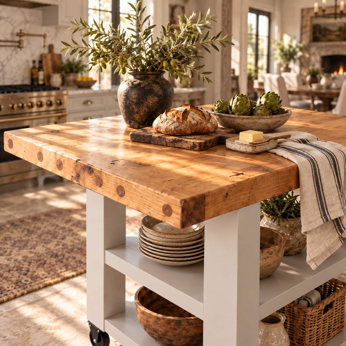 DUNSMERE Cart Light Grey Kitchen Island With Overhang / Breakfast Bar / Rustic Island