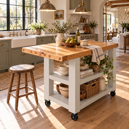DUNSMERE Cart Light Grey Kitchen Island With Overhang / Breakfast Bar / Rustic Island
