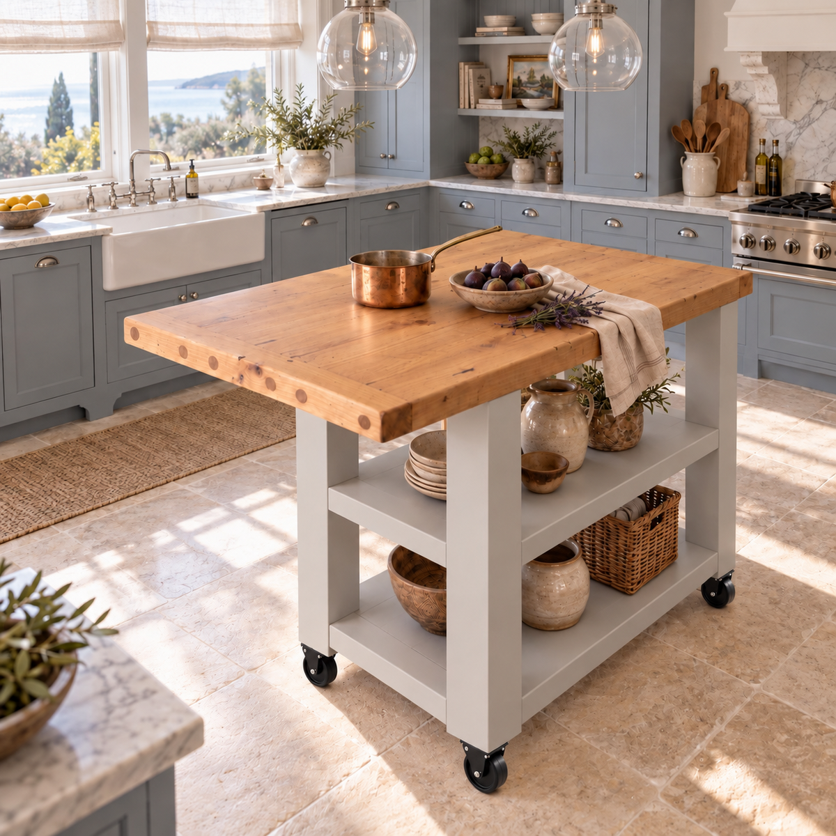 DUNSMERE Cart Light Grey Kitchen Island With Overhang / Breakfast Bar / Rustic Island
