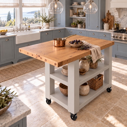 DUNSMERE Cart Light Grey Kitchen Island With Overhang / Breakfast Bar / Rustic Island