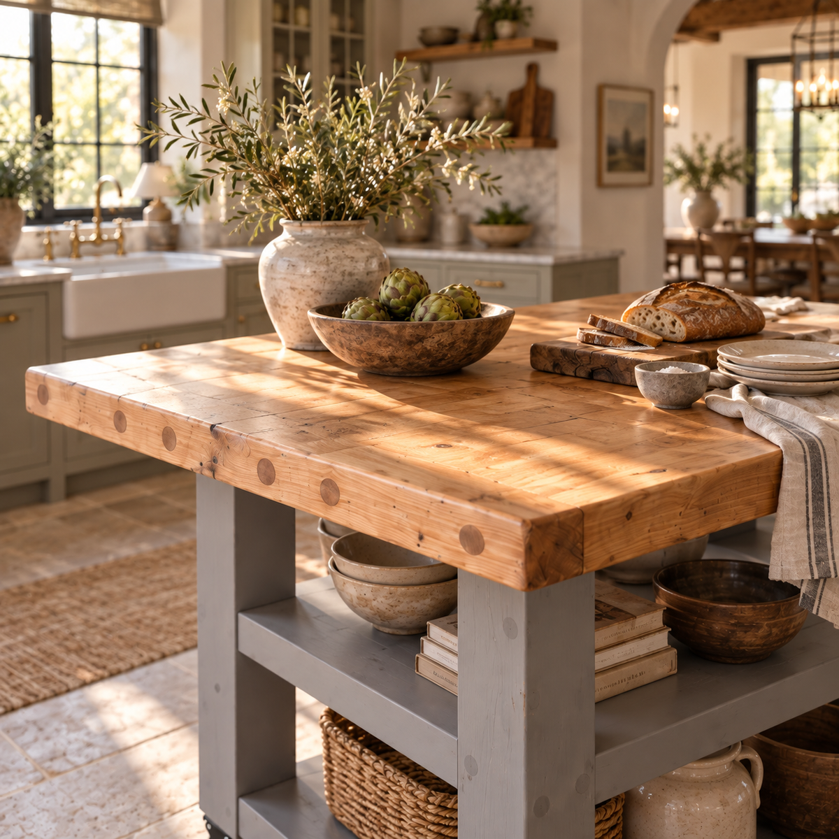 DUNSMERE Cart Medium Grey Kitchen Island With Overhang / Breakfast Bar / Rustic Island