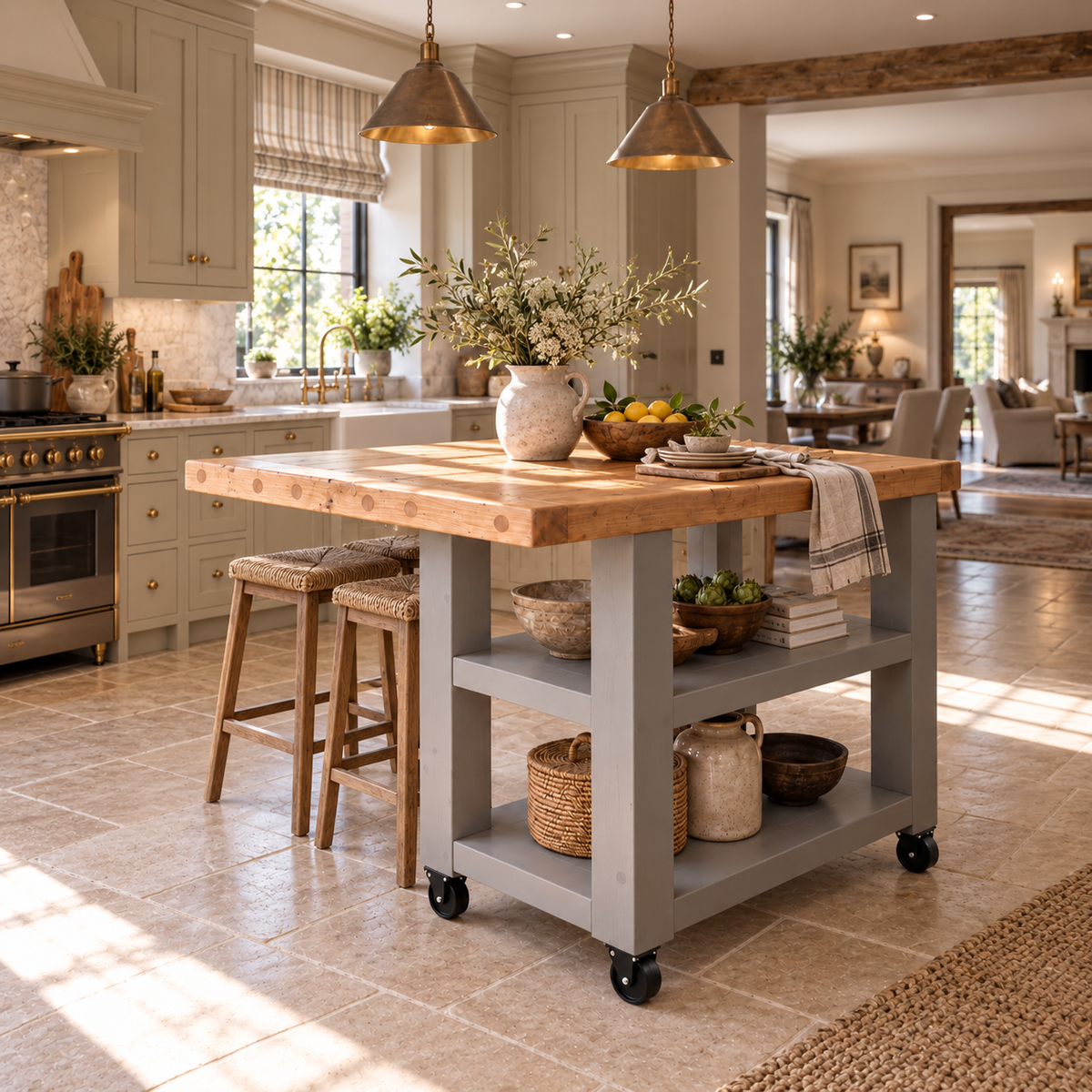 DUNSMERE Cart Medium Grey Kitchen Island With Overhang / Breakfast Bar / Rustic Island