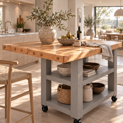DUNSMERE Cart Medium Grey Kitchen Island With Overhang / Breakfast Bar / Rustic Island