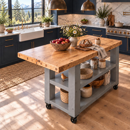 DUNSMERE Cart Medium Grey Kitchen Island With Overhang / Breakfast Bar / Rustic Island
