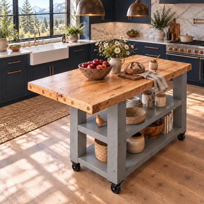 DUNSMERE Cart Medium Grey Kitchen Island With Overhang / Breakfast Bar / Rustic Island