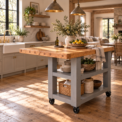 DUNSMERE Cart Medium Grey Kitchen Island With Overhang / Breakfast Bar / Rustic Island