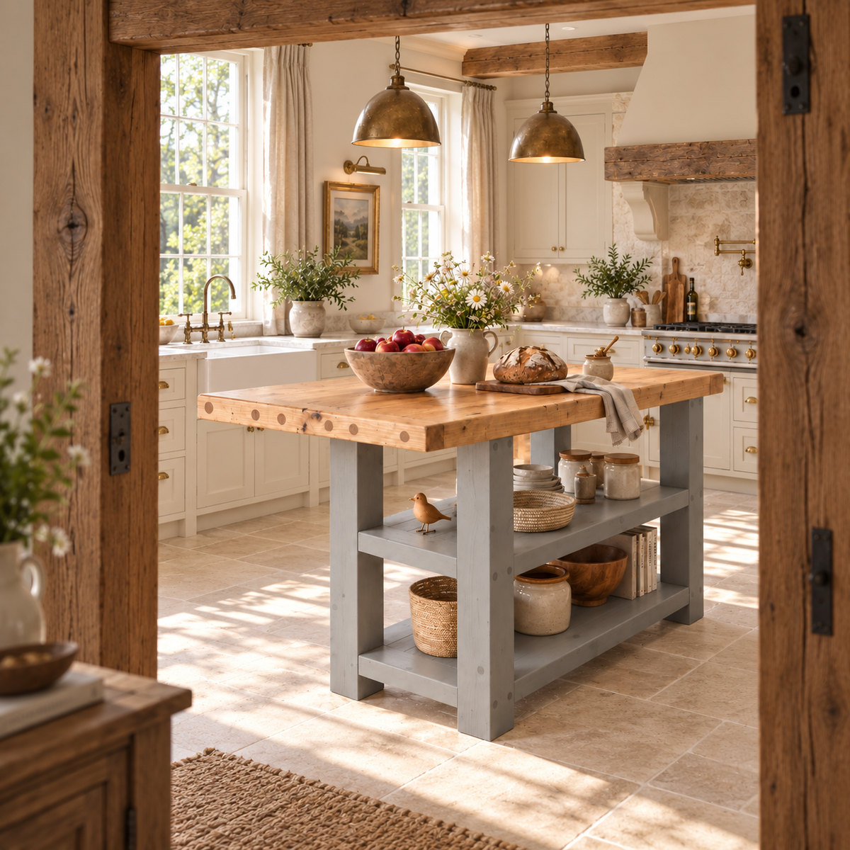 DUNSMERE Medium Grey Kitchen Island With Overhang / Breakfast Bar / Rustic Island