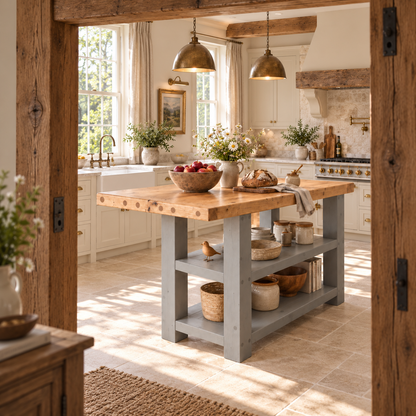 DUNSMERE Medium Grey Kitchen Island With Overhang / Breakfast Bar / Rustic Island