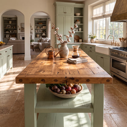 DUNSMERE Light Green Kitchen Island With Overhang / Breakfast Bar / Rustic Island