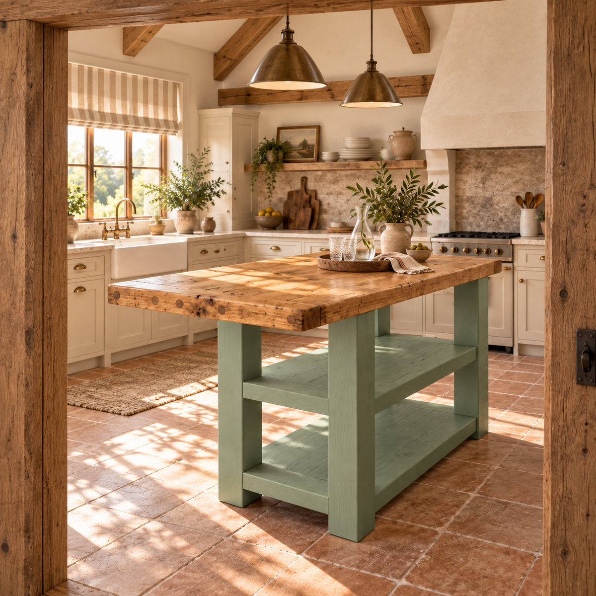 DUNSMERE Light Green Kitchen Island With Overhang / Breakfast Bar / Rustic Island