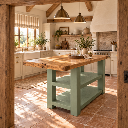 DUNSMERE Light Green Kitchen Island With Overhang / Breakfast Bar / Rustic Island