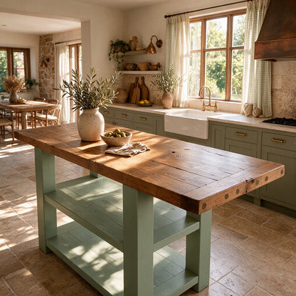 DUNSMERE Light Green Kitchen Island With Overhang / Breakfast Bar / Rustic Island