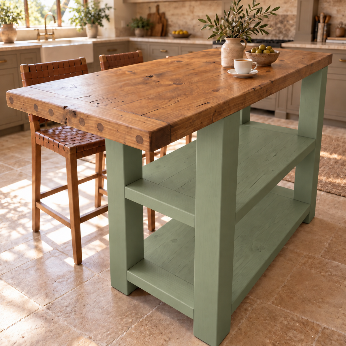 DUNSMERE Light Green Kitchen Island With Overhang / Breakfast Bar / Rustic Island