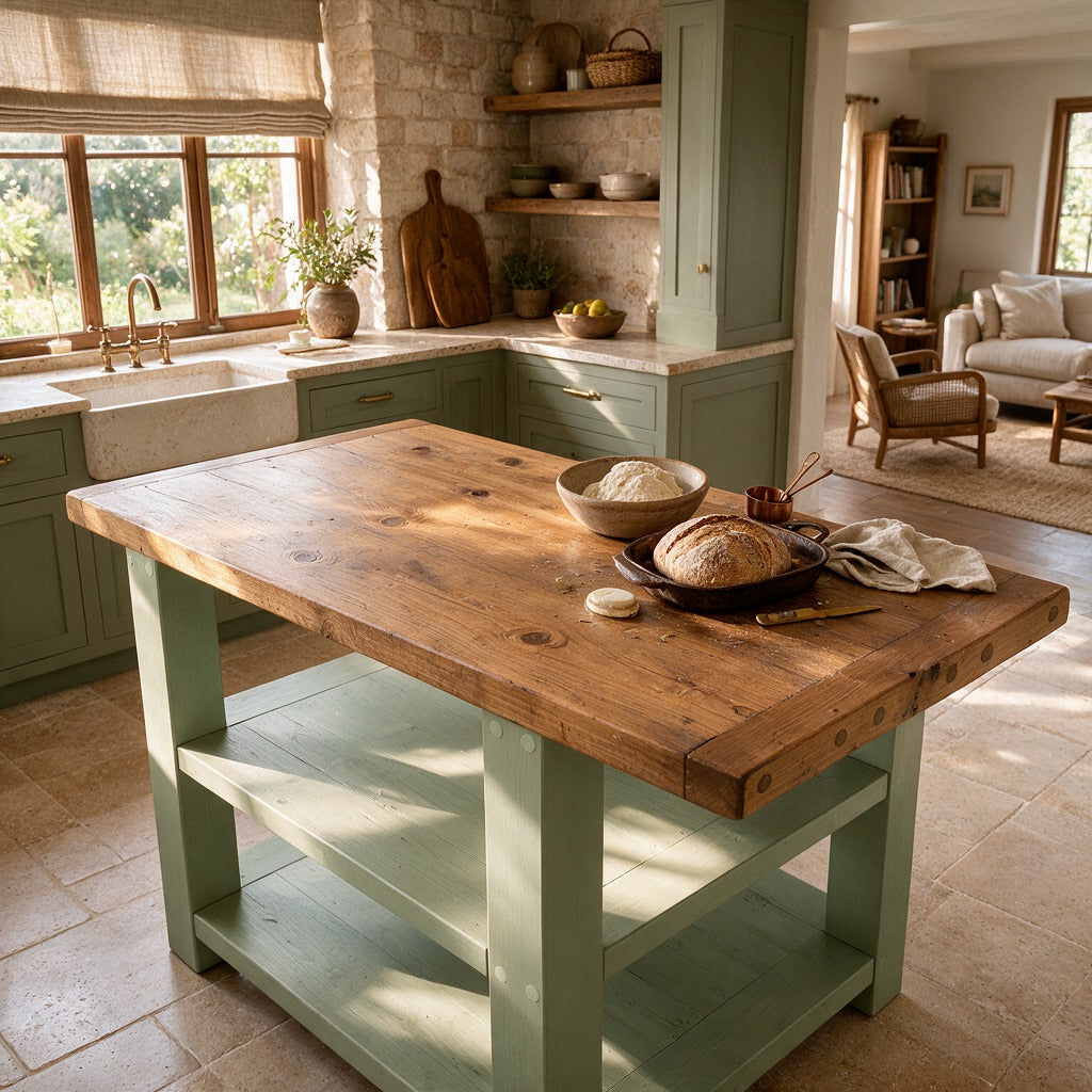 DUNSMERE Light Green Kitchen Island With Overhang / Breakfast Bar / Rustic Island
