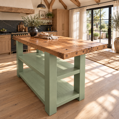 DUNSMERE Light Green Kitchen Island With Overhang / Breakfast Bar / Rustic Island