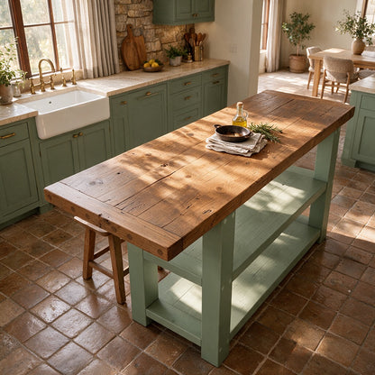 DUNSMERE Light Green Kitchen Island With Overhang / Breakfast Bar / Rustic Island