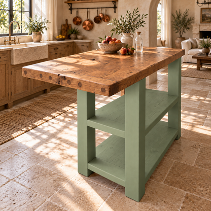 DUNSMERE Light Green Kitchen Island With Overhang / Breakfast Bar / Rustic Island