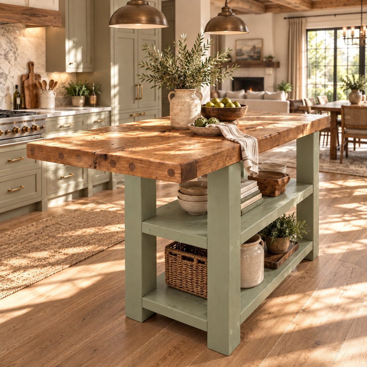 DUNSMERE Light Green Kitchen Island With Overhang / Breakfast Bar / Rustic Island