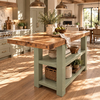 DUNSMERE Light Green Kitchen Island With Overhang / Breakfast Bar / Rustic Island