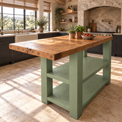 DUNSMERE Light Green Kitchen Island With Overhang / Breakfast Bar / Rustic Island