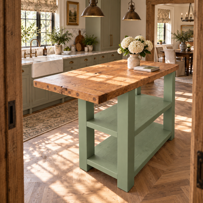DUNSMERE Light Green Kitchen Island With Overhang / Breakfast Bar / Rustic Island