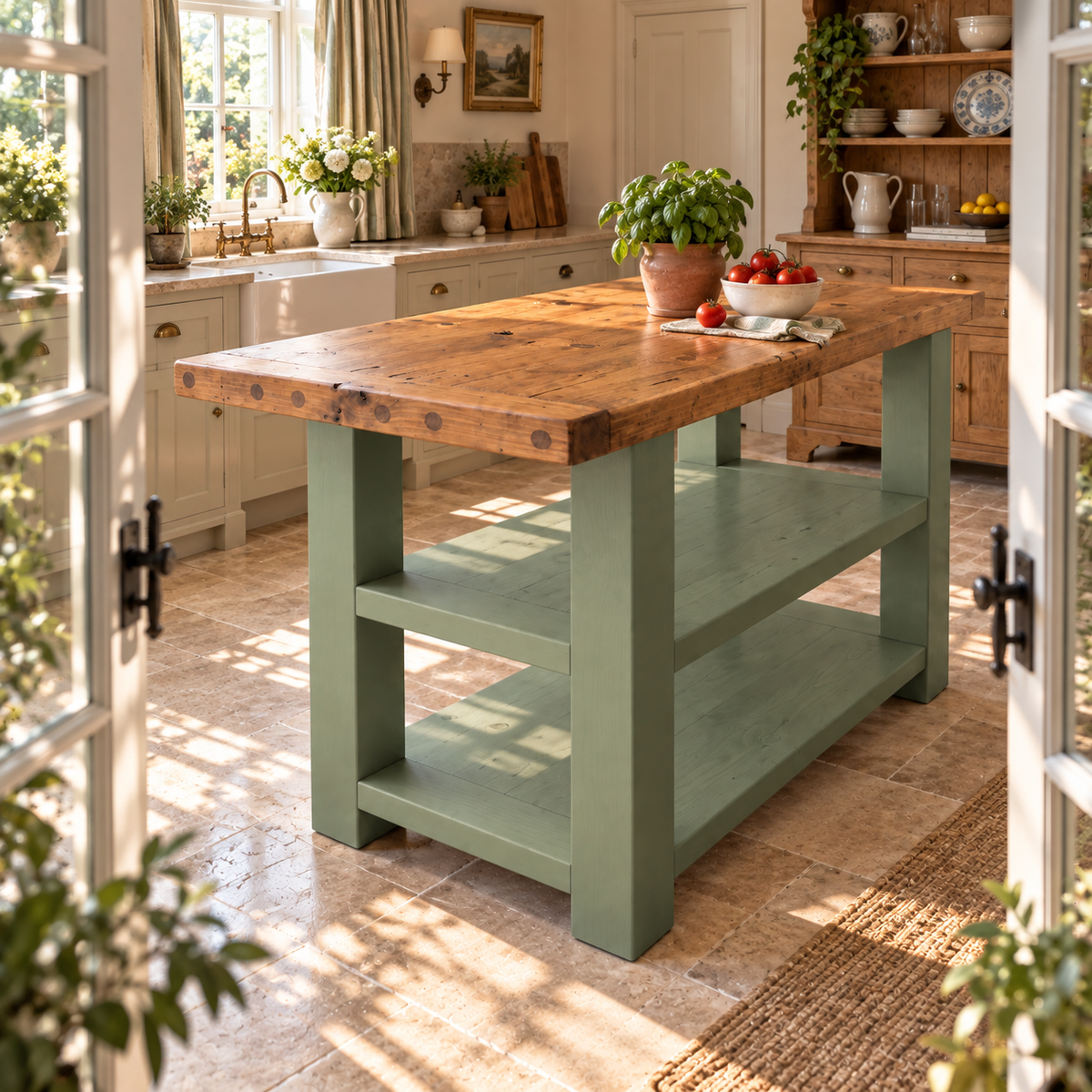DUNSMERE Light Green Kitchen Island With Overhang / Breakfast Bar / Rustic Island